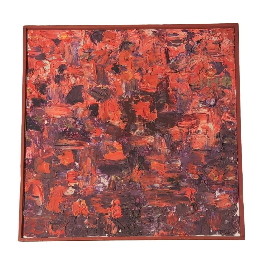 Abstract Impasto Painting 20x20 Framed Textured Canvas Red Purple Orange Black
